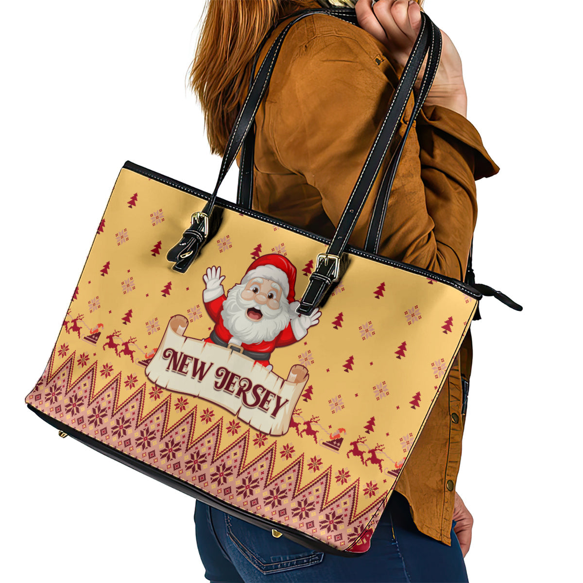 New Jersey Christmas Leather Tote Bag Cheerful Santa Claus Xmas Pattern LT01