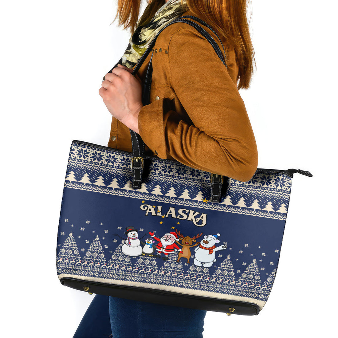 Custom Alaska Christmas Leather Tote Bag Santa Claus With Snowman Reindeer Penguin LT01