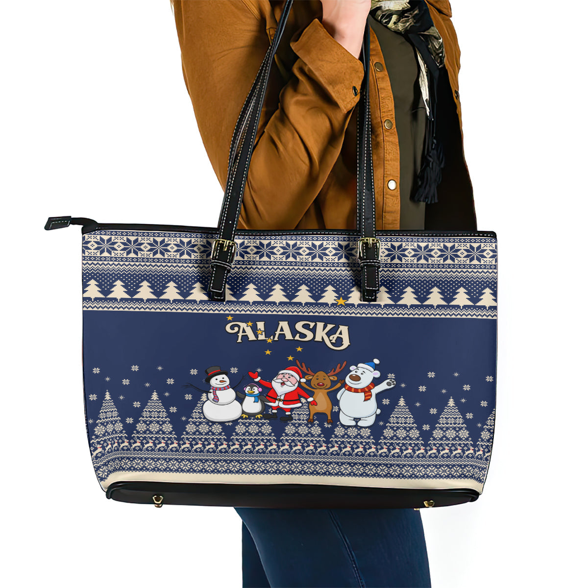 Custom Alaska Christmas Leather Tote Bag Santa Claus With Snowman Reindeer Penguin LT01