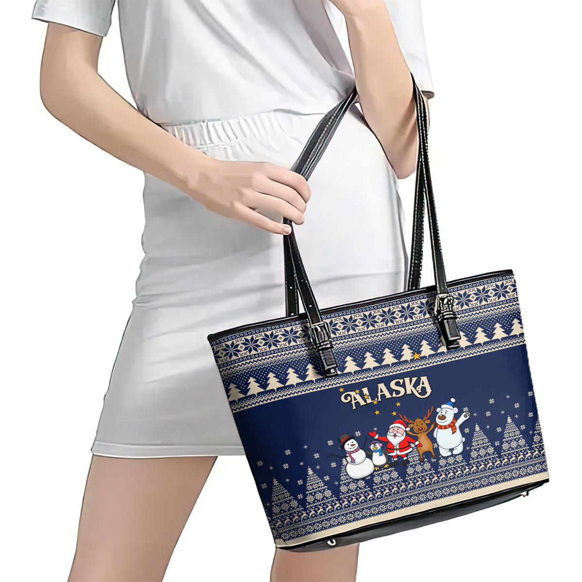 Custom Alaska Christmas Leather Tote Bag Santa Claus With Snowman Reindeer Penguin LT01