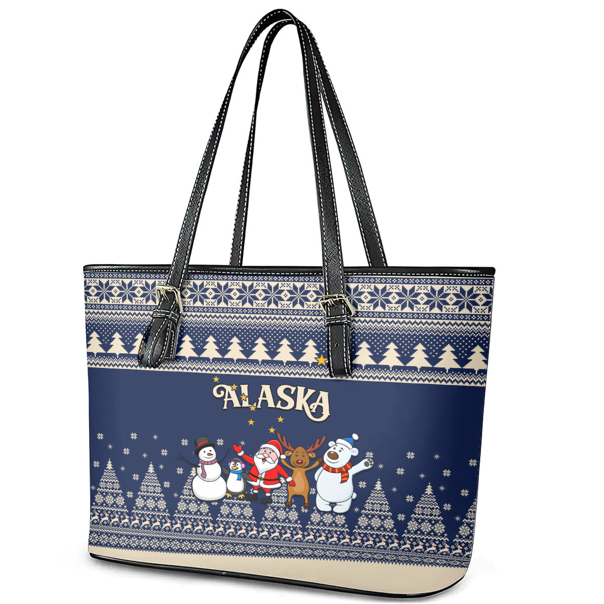 Custom Alaska Christmas Leather Tote Bag Santa Claus With Snowman Reindeer Penguin LT01