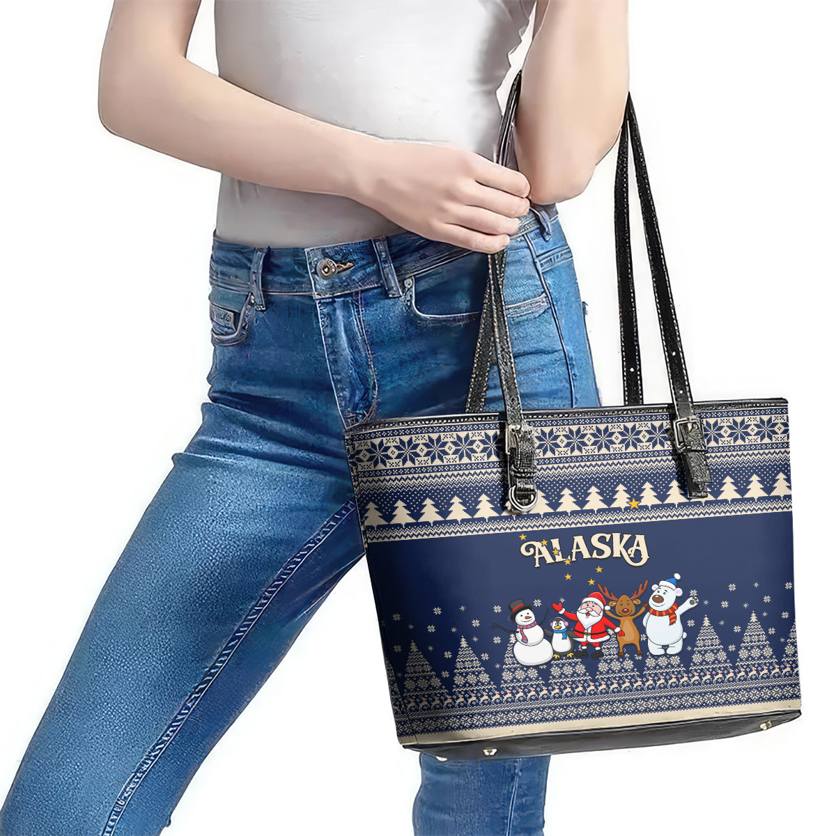 Custom Alaska Christmas Leather Tote Bag Santa Claus With Snowman Reindeer Penguin LT01