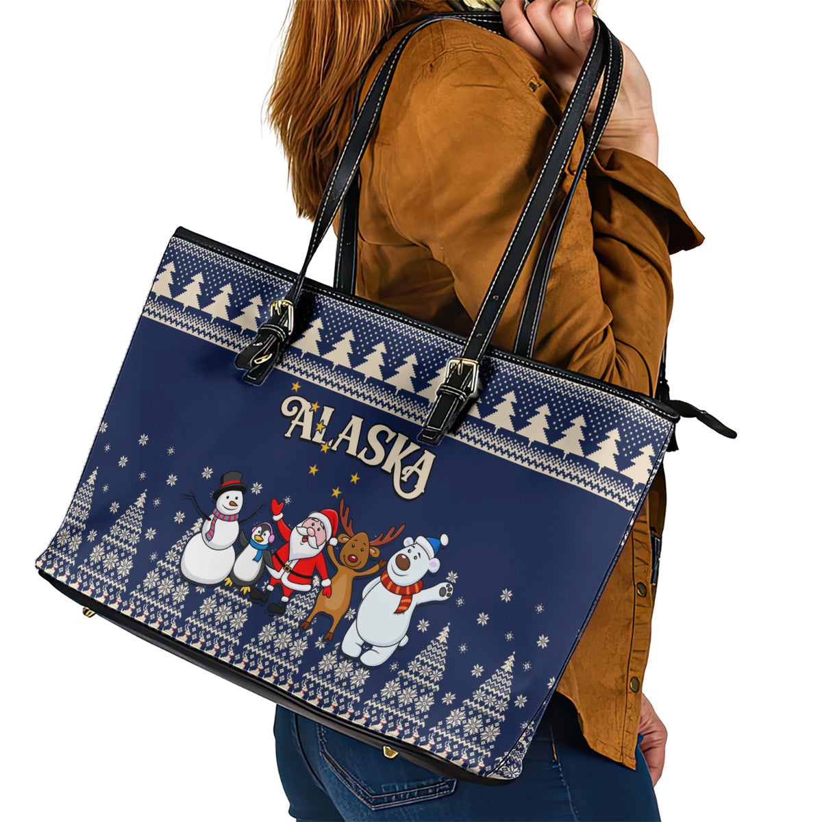 Custom Alaska Christmas Leather Tote Bag Santa Claus With Snowman Reindeer Penguin LT01