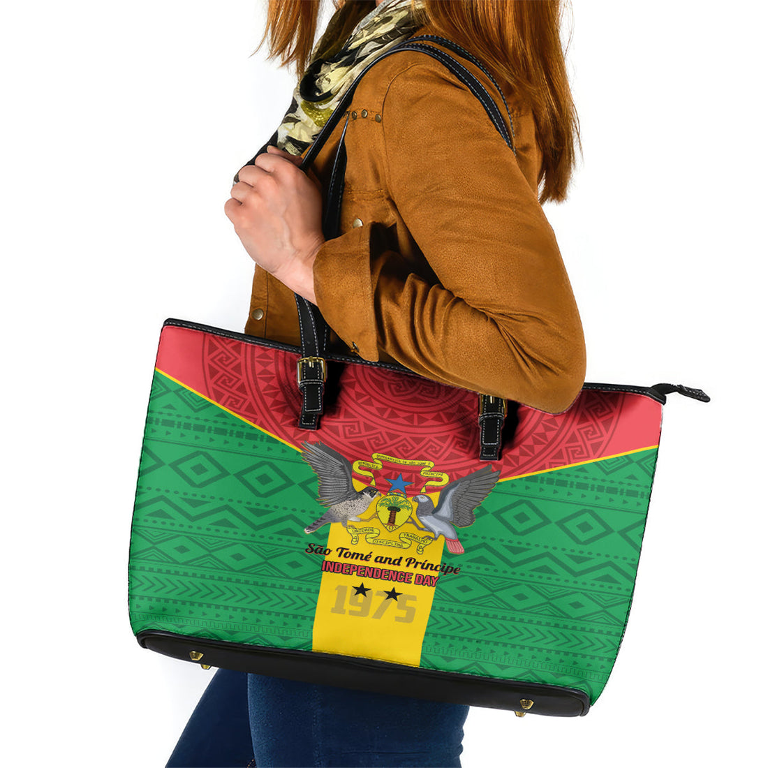 Sao Tome and Principe Independence Day Leather Tote Bag Coat Of Arms Mix African Pattern LT01