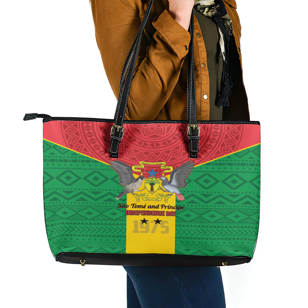 Sao Tome and Principe Independence Day Leather Tote Bag Coat Of Arms Mix African Pattern LT01