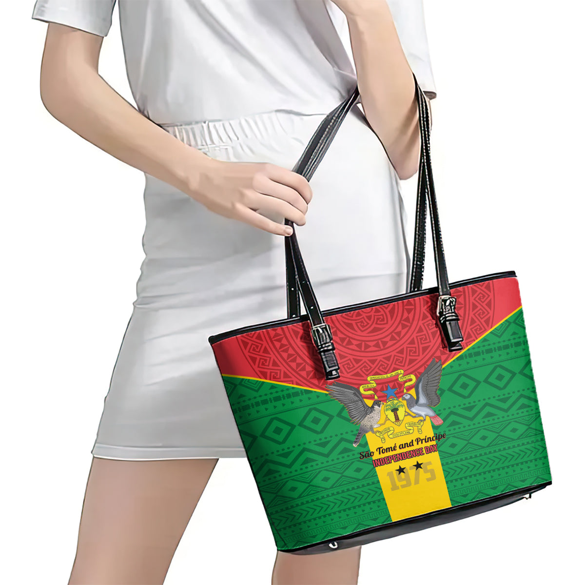 Sao Tome and Principe Independence Day Leather Tote Bag Coat Of Arms Mix African Pattern LT01