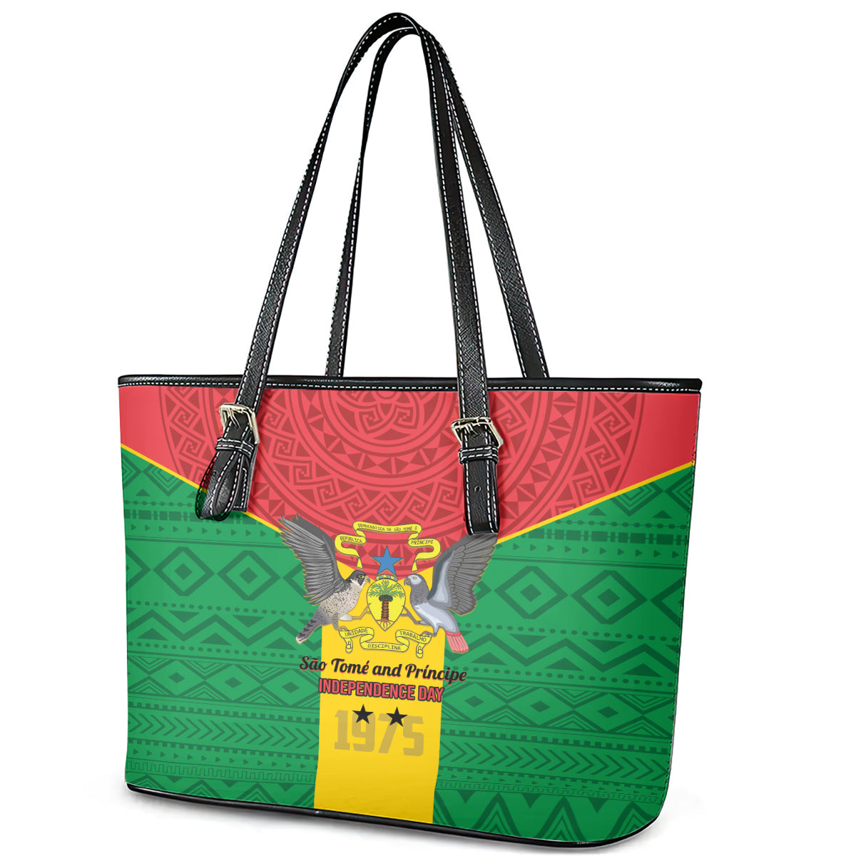 Sao Tome and Principe Independence Day Leather Tote Bag Coat Of Arms Mix African Pattern LT01