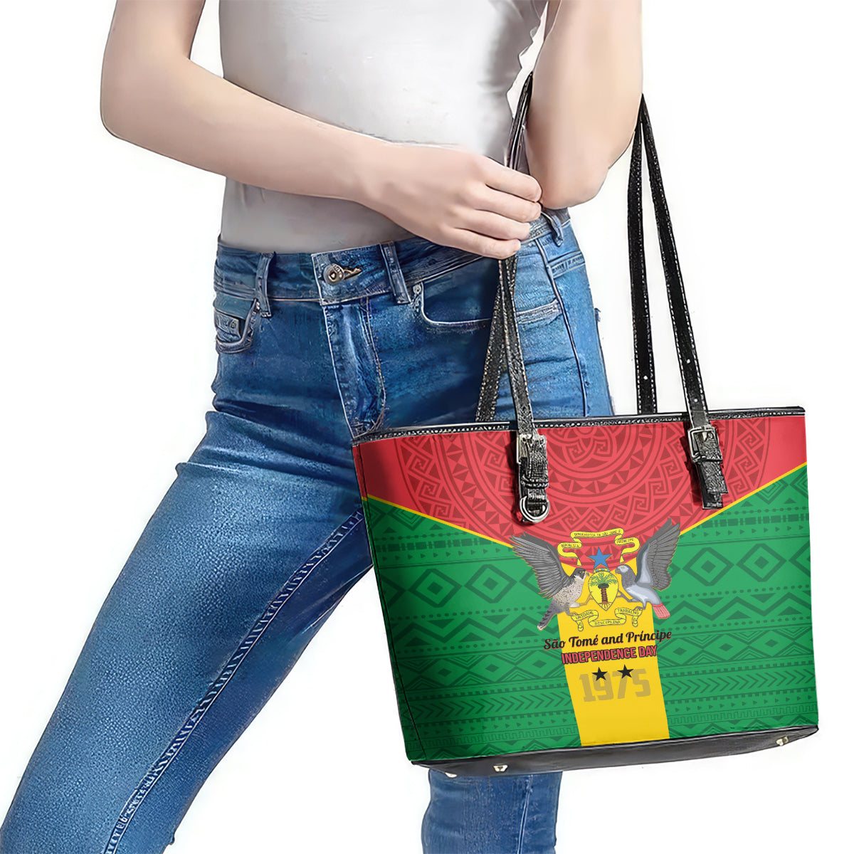 Sao Tome and Principe Independence Day Leather Tote Bag Coat Of Arms Mix African Pattern LT01