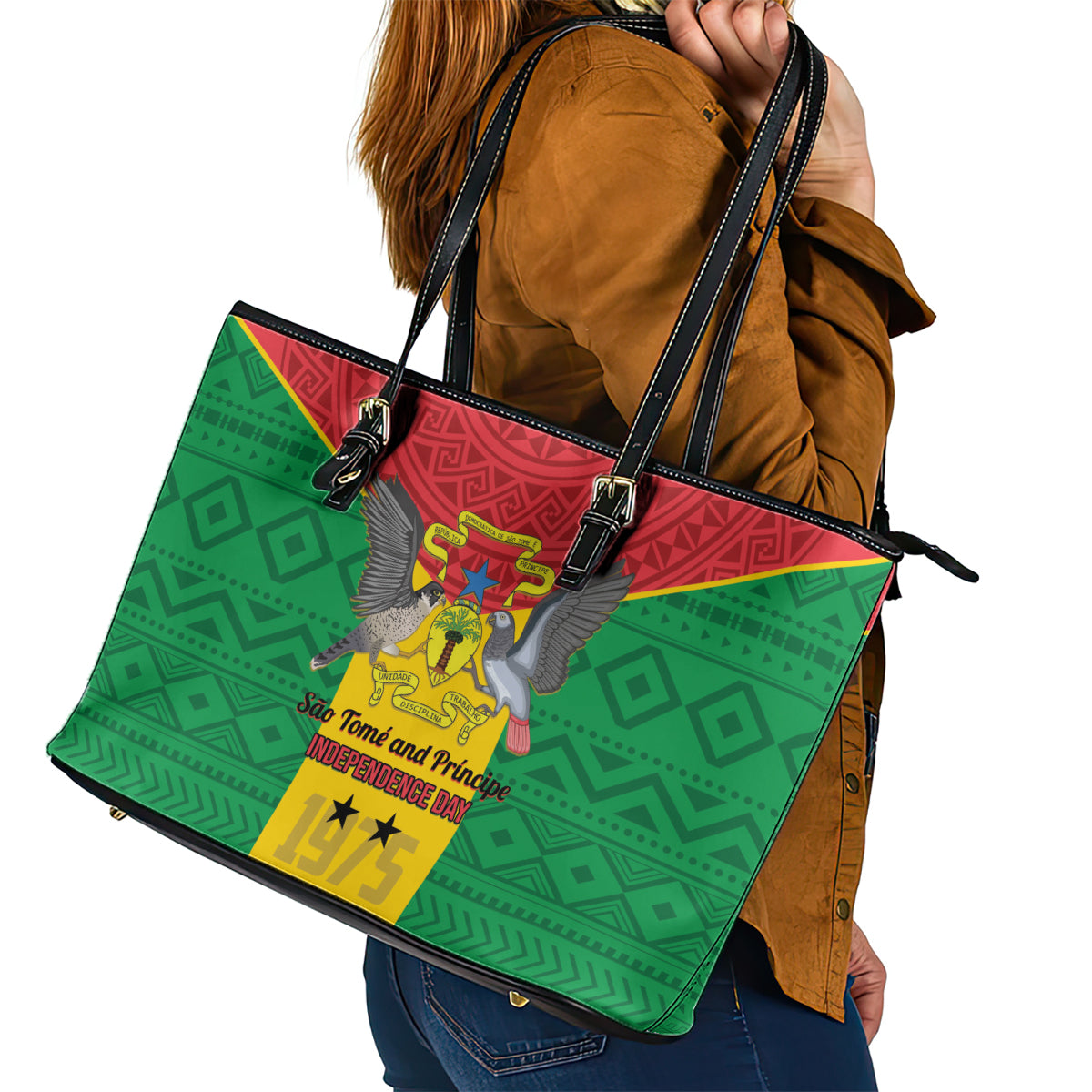 Sao Tome and Principe Independence Day Leather Tote Bag Coat Of Arms Mix African Pattern LT01