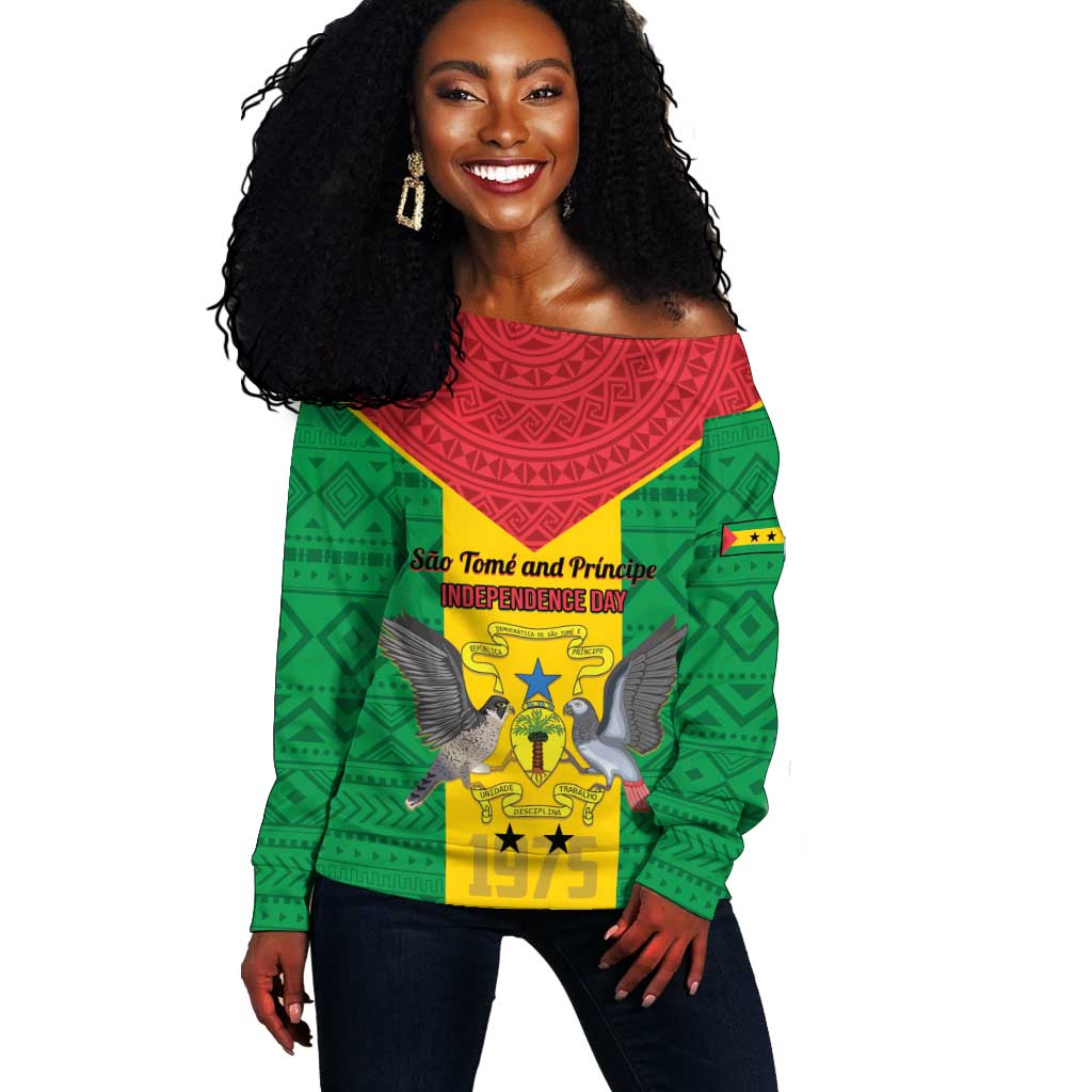 Sao Tome and Principe Independence Day Off Shoulder Sweater Coat Of Arms Mix African Pattern LT01
