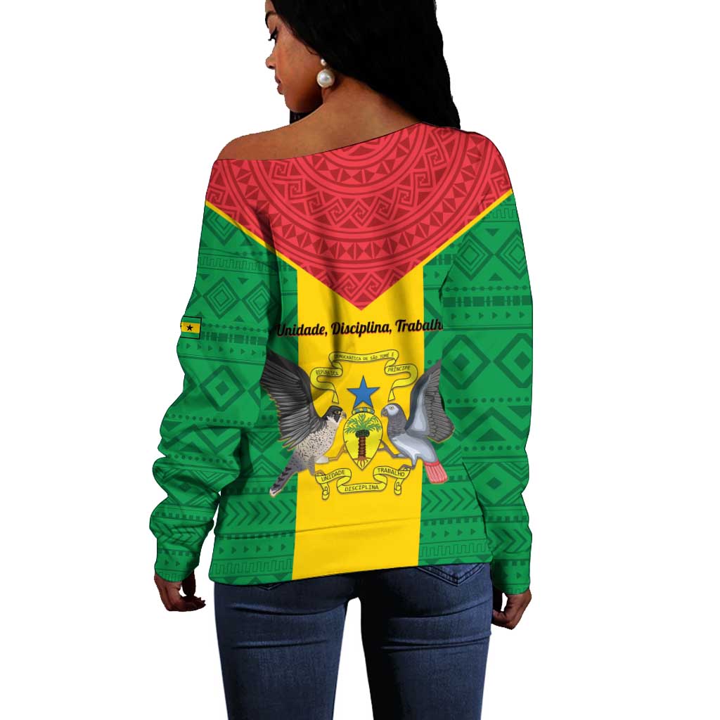 Sao Tome and Principe Independence Day Off Shoulder Sweater Coat Of Arms Mix African Pattern LT01