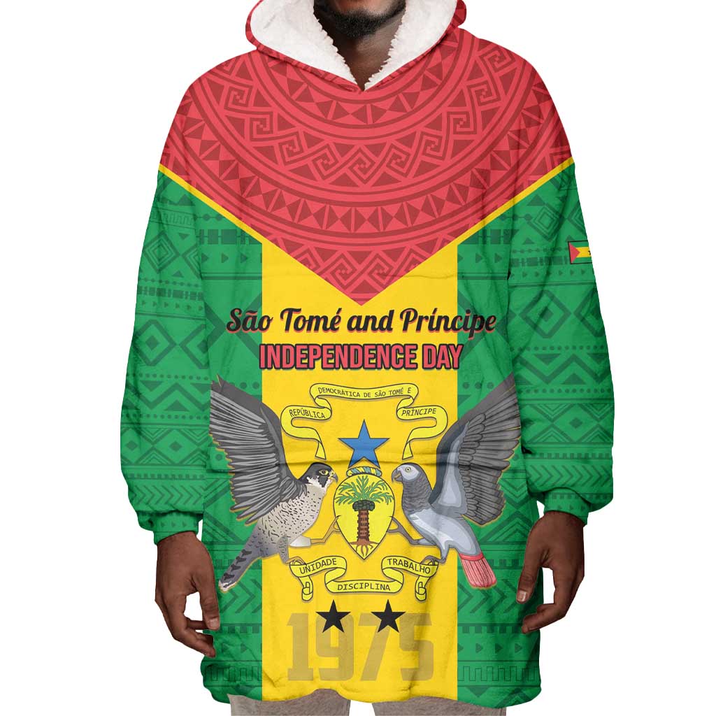 Sao Tome and Principe Independence Day Wearable Blanket Hoodie Coat Of Arms Mix African Pattern LT01