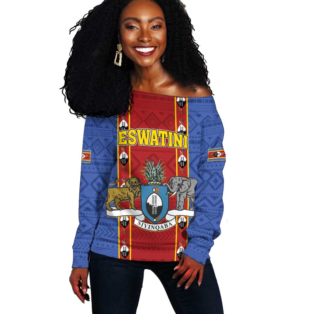 Eswatini African Pattern Off Shoulder Sweater Swaziland Shield Siyinqaba LT01