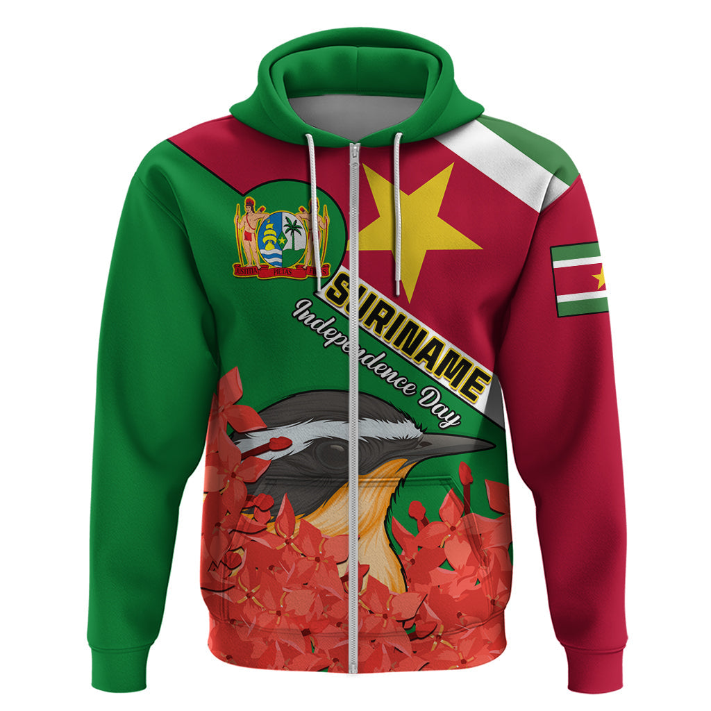 Personalised Suriname Independence Day Hoodie Lesser Kiskadee With Scarlet Jungle Flame Flower LT01