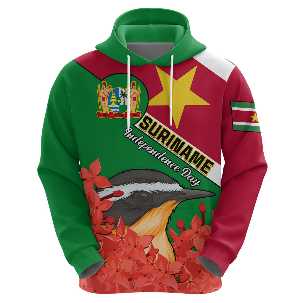 Personalised Suriname Independence Day Hoodie Lesser Kiskadee With Scarlet Jungle Flame Flower LT01