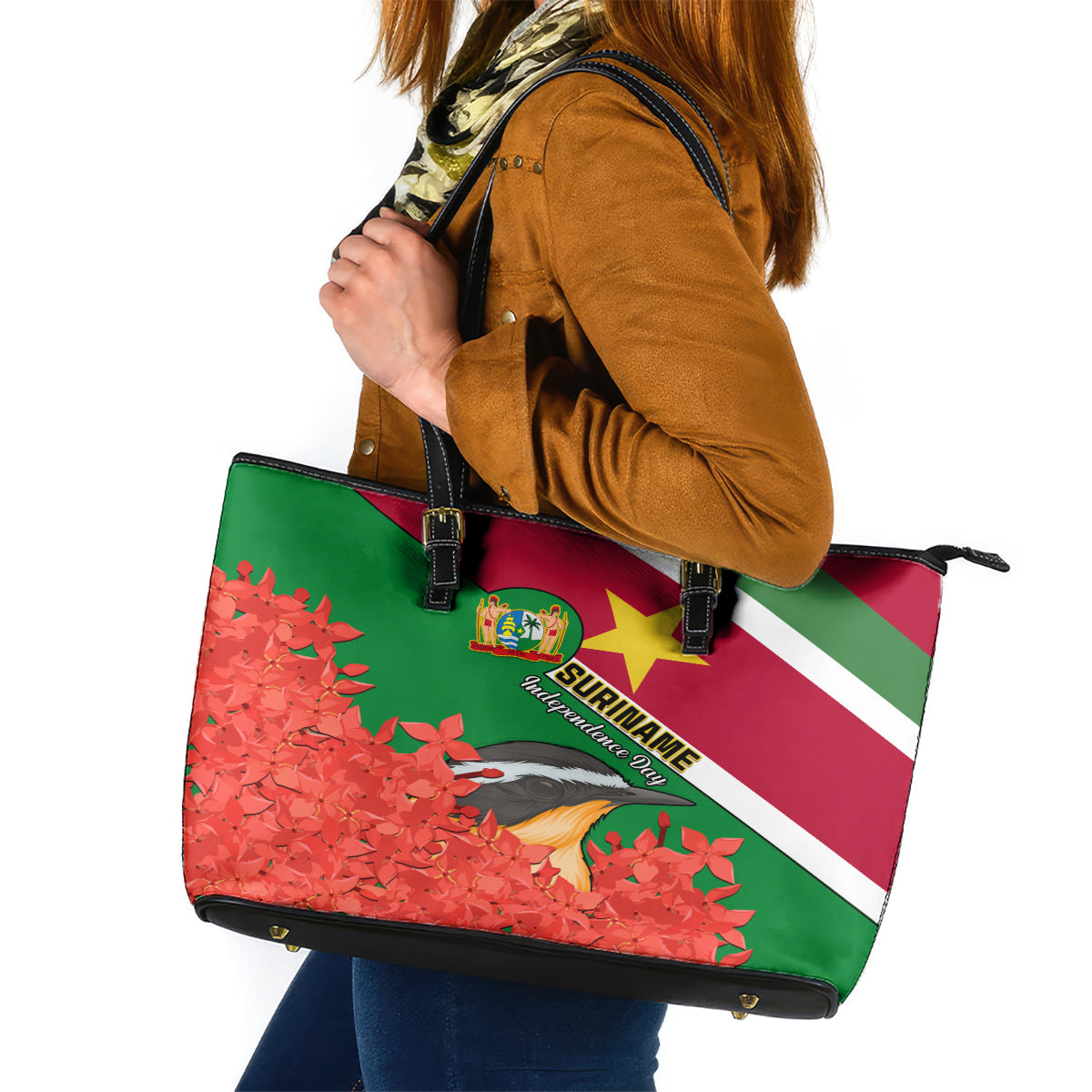 Suriname Independence Day Leather Tote Bag Lesser Kiskadee With Scarlet Jungle Flame Flower LT01