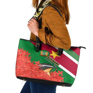 Suriname Independence Day Leather Tote Bag Lesser Kiskadee With Scarlet Jungle Flame Flower LT01