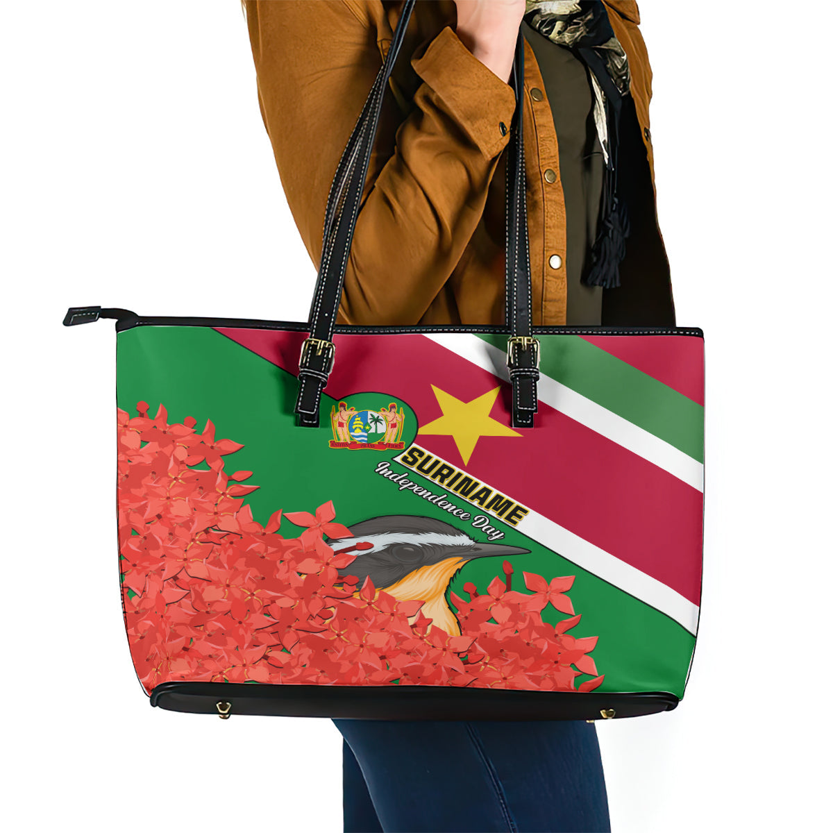 Suriname Independence Day Leather Tote Bag Lesser Kiskadee With Scarlet Jungle Flame Flower LT01