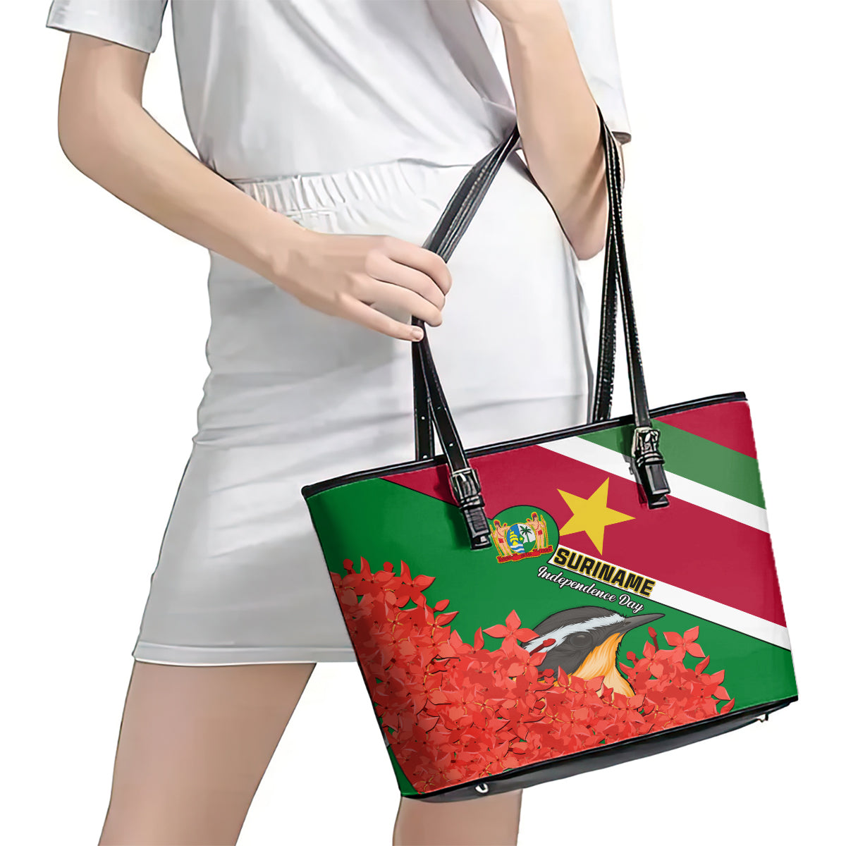 Suriname Independence Day Leather Tote Bag Lesser Kiskadee With Scarlet Jungle Flame Flower LT01
