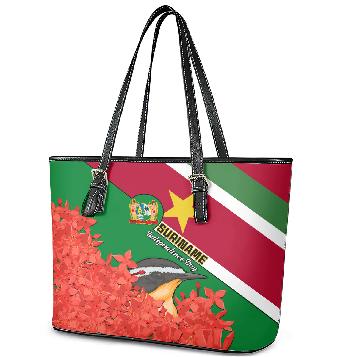 Suriname Independence Day Leather Tote Bag Lesser Kiskadee With Scarlet Jungle Flame Flower LT01