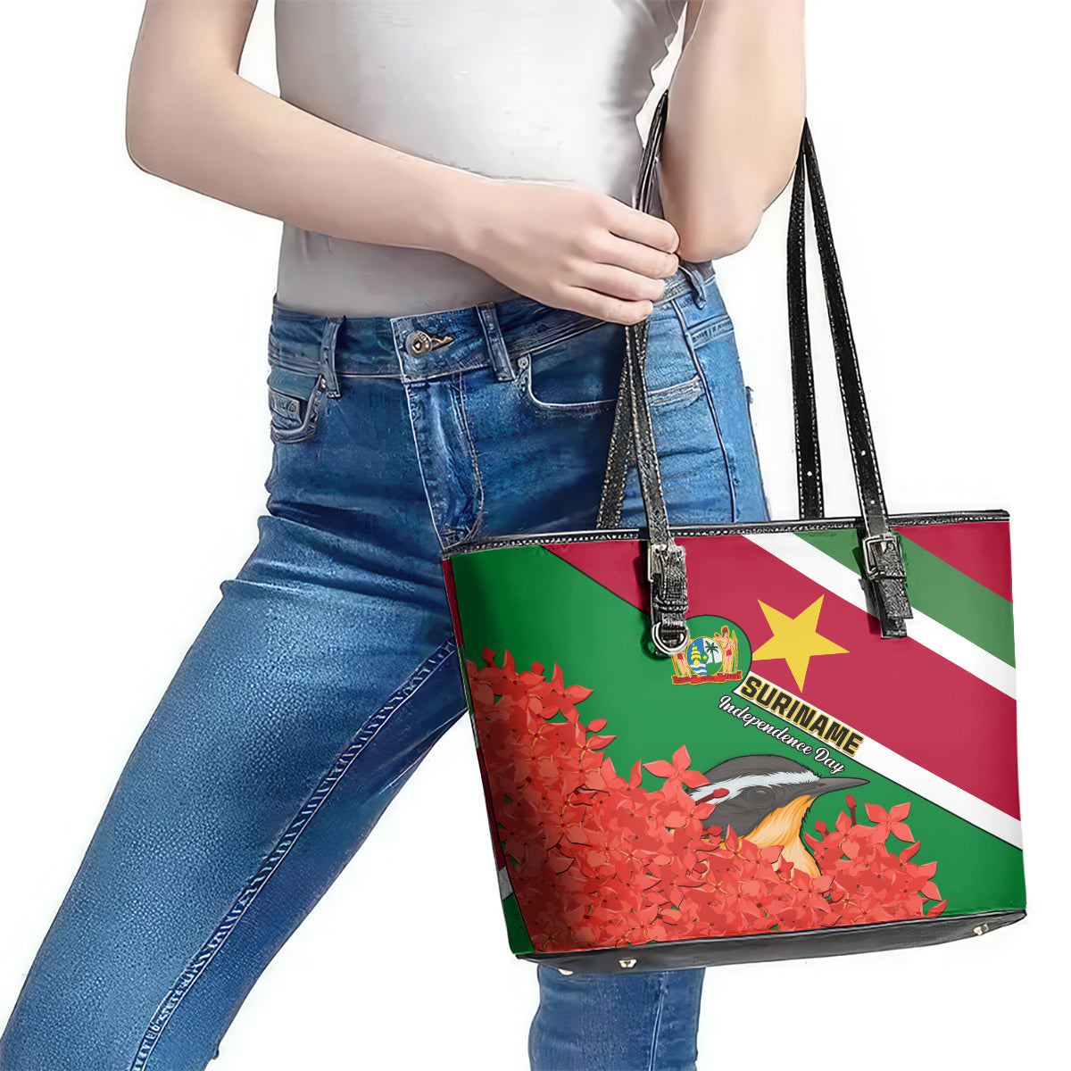 Suriname Independence Day Leather Tote Bag Lesser Kiskadee With Scarlet Jungle Flame Flower LT01