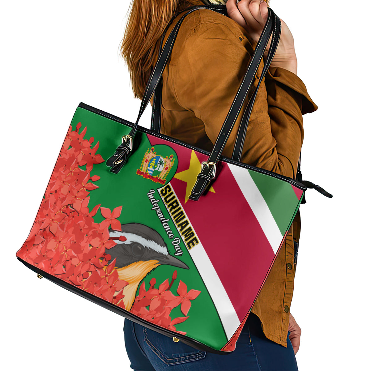 Suriname Independence Day Leather Tote Bag Lesser Kiskadee With Scarlet Jungle Flame Flower LT01