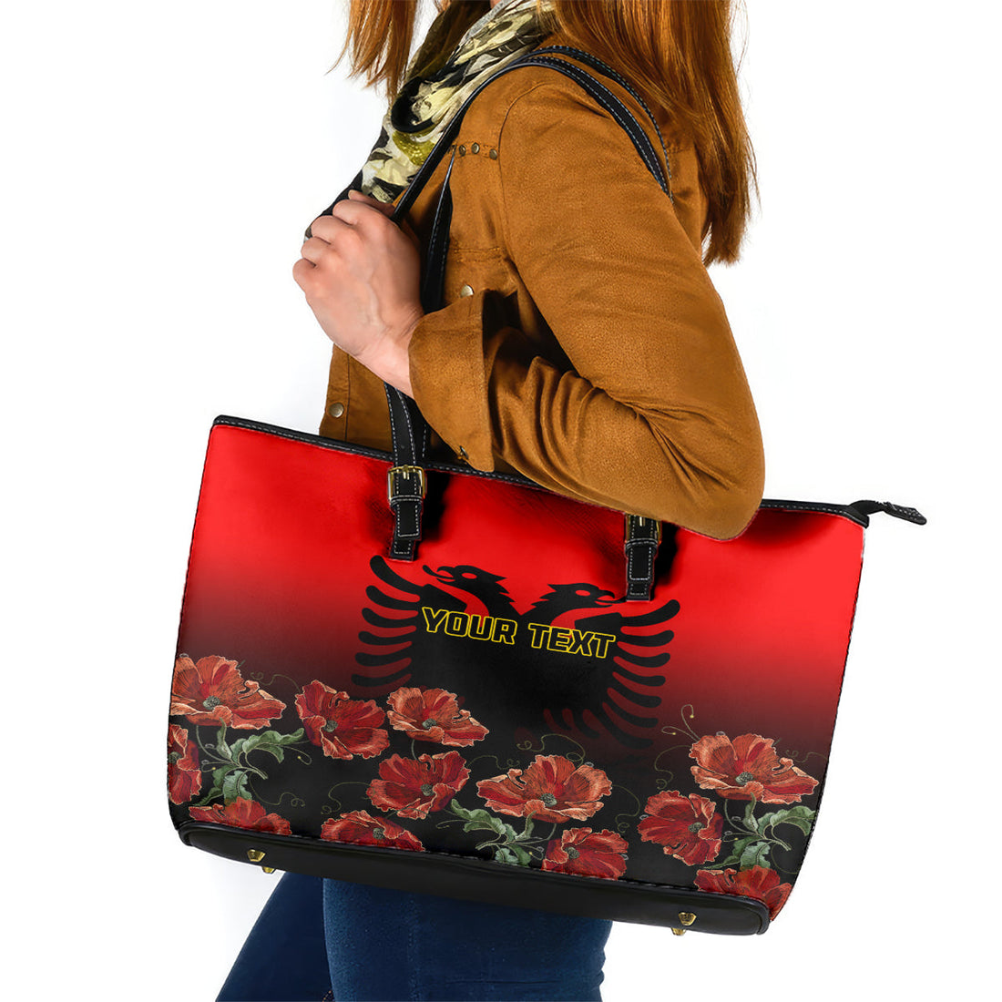 Personalised Albania Independence Day Leather Tote Bag Albanian Coat Of Arms With Red Poppy Flower LT01