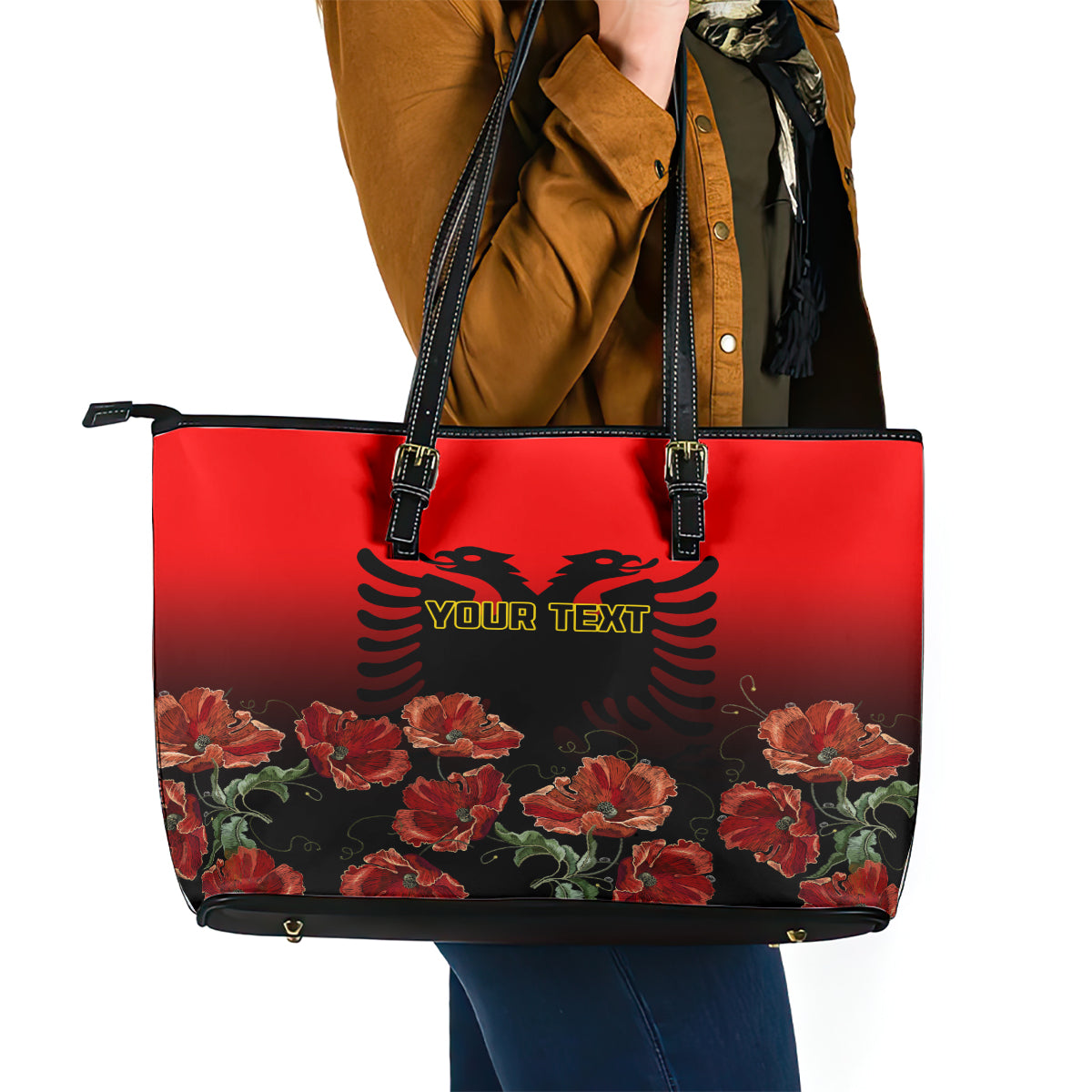Personalised Albania Independence Day Leather Tote Bag Albanian Coat Of Arms With Red Poppy Flower LT01