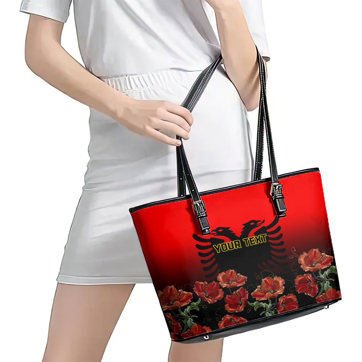 Personalised Albania Independence Day Leather Tote Bag Albanian Coat Of Arms With Red Poppy Flower LT01