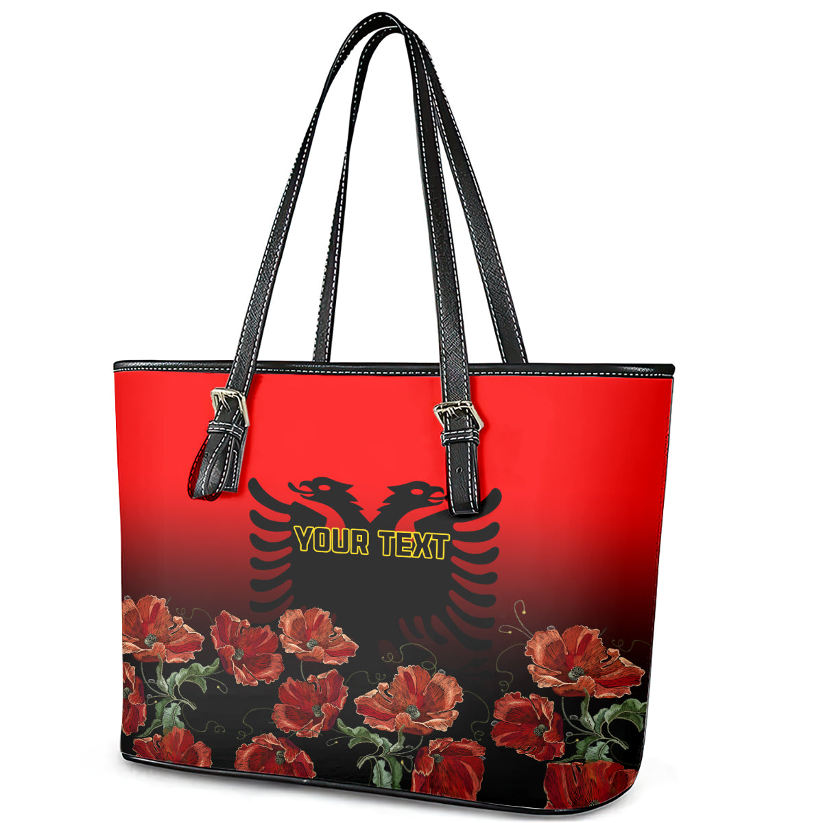 Personalised Albania Independence Day Leather Tote Bag Albanian Coat Of Arms With Red Poppy Flower LT01