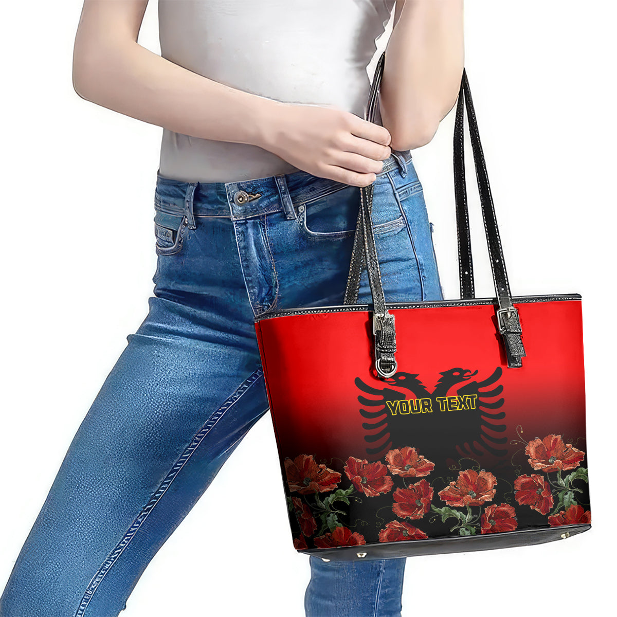 Personalised Albania Independence Day Leather Tote Bag Albanian Coat Of Arms With Red Poppy Flower LT01