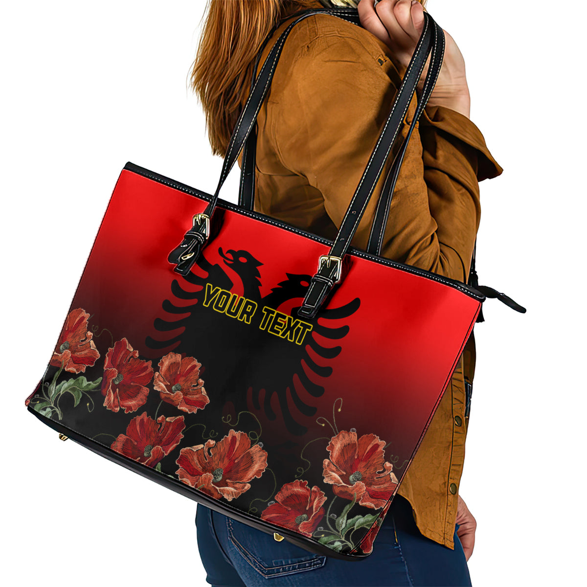 Personalised Albania Independence Day Leather Tote Bag Albanian Coat Of Arms With Red Poppy Flower LT01