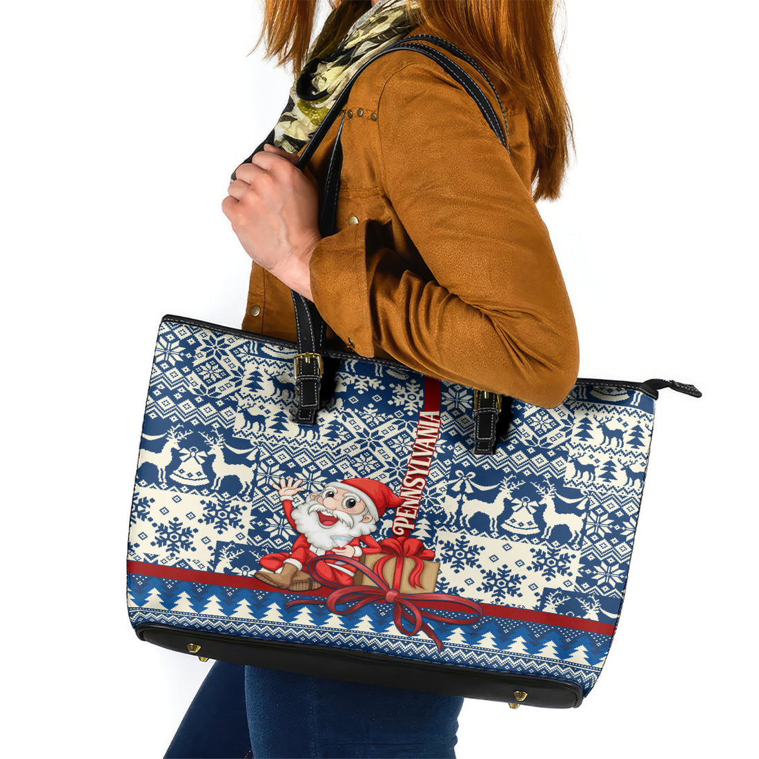 Pennsylvania Christmas Leather Tote Bag Santa Claus With Gift Box Xmas Pattern LT01