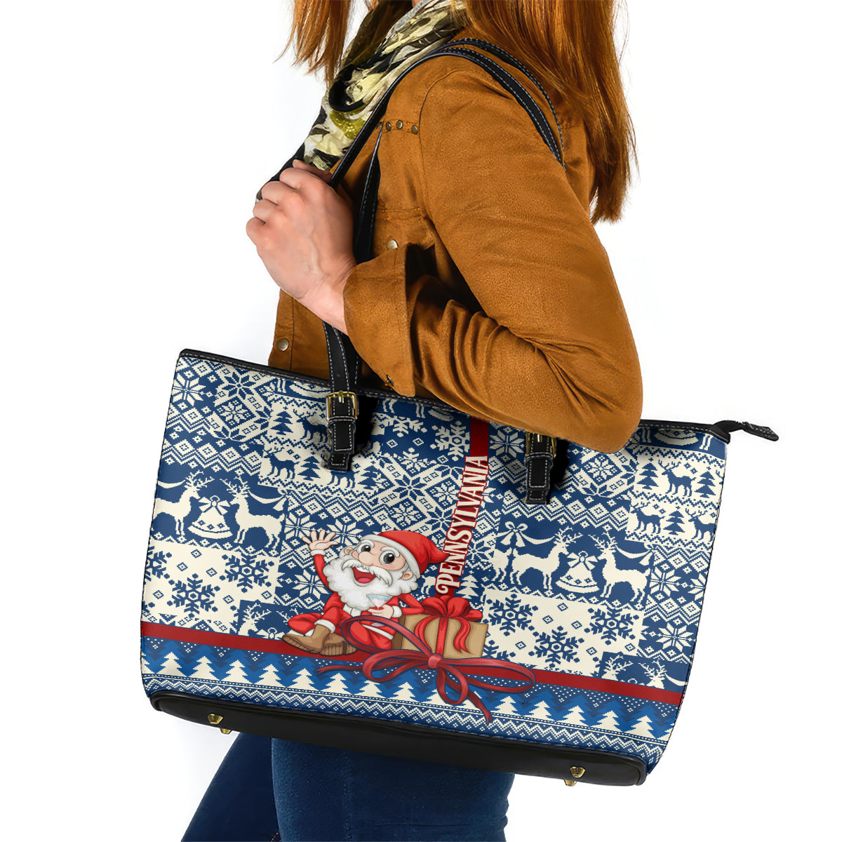 Pennsylvania Christmas Leather Tote Bag Santa Claus With Gift Box Xmas Pattern LT01