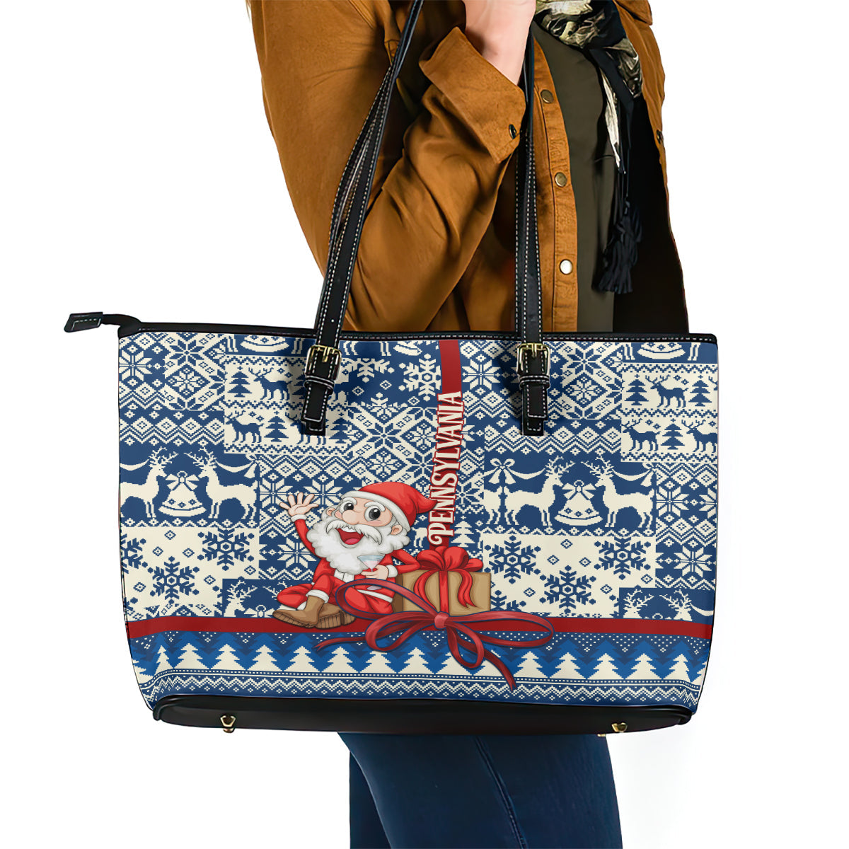 Pennsylvania Christmas Leather Tote Bag Santa Claus With Gift Box Xmas Pattern LT01