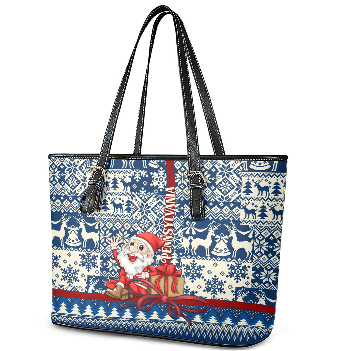 Pennsylvania Christmas Leather Tote Bag Santa Claus With Gift Box Xmas Pattern LT01