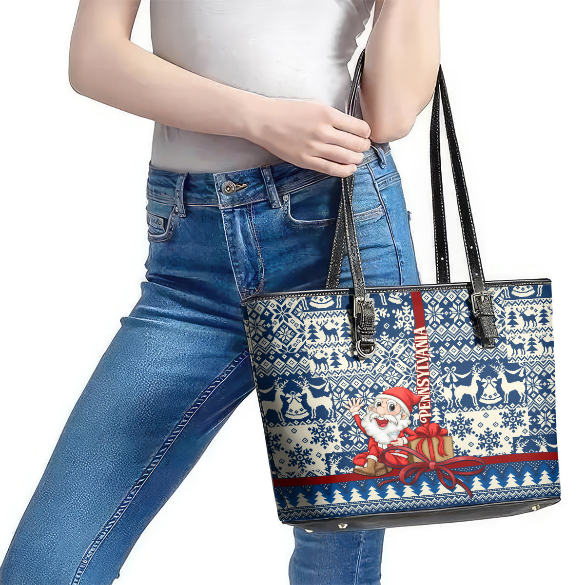 Pennsylvania Christmas Leather Tote Bag Santa Claus With Gift Box Xmas Pattern LT01