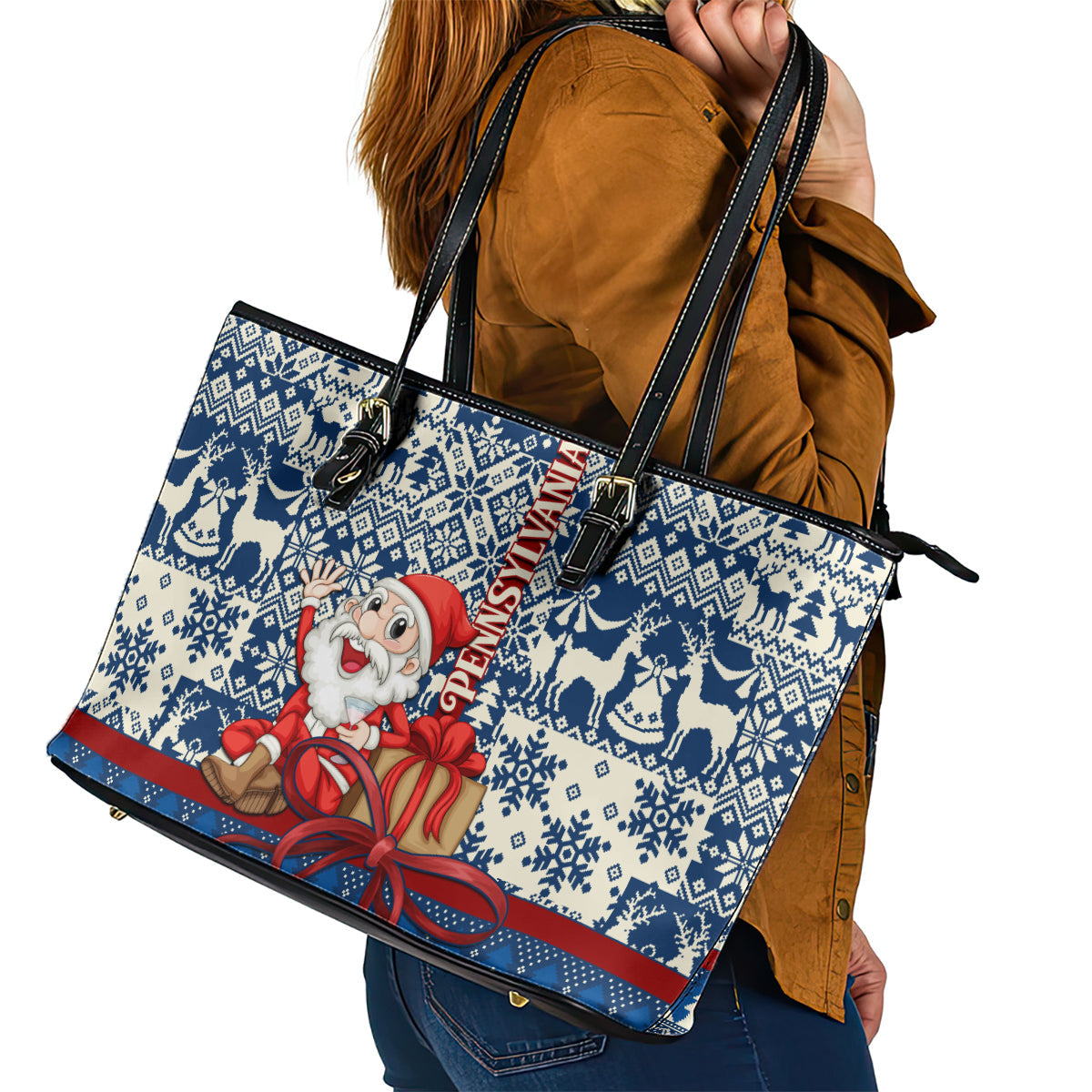 Pennsylvania Christmas Leather Tote Bag Santa Claus With Gift Box Xmas Pattern LT01
