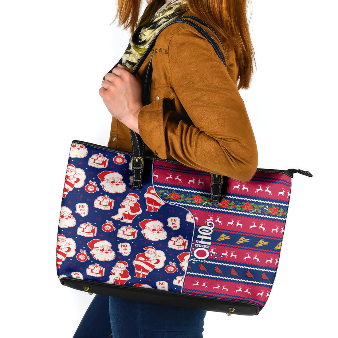 Custom Ohio Christmas Leather Tote Bag Santa Claus Pattern Unique Style LT01
