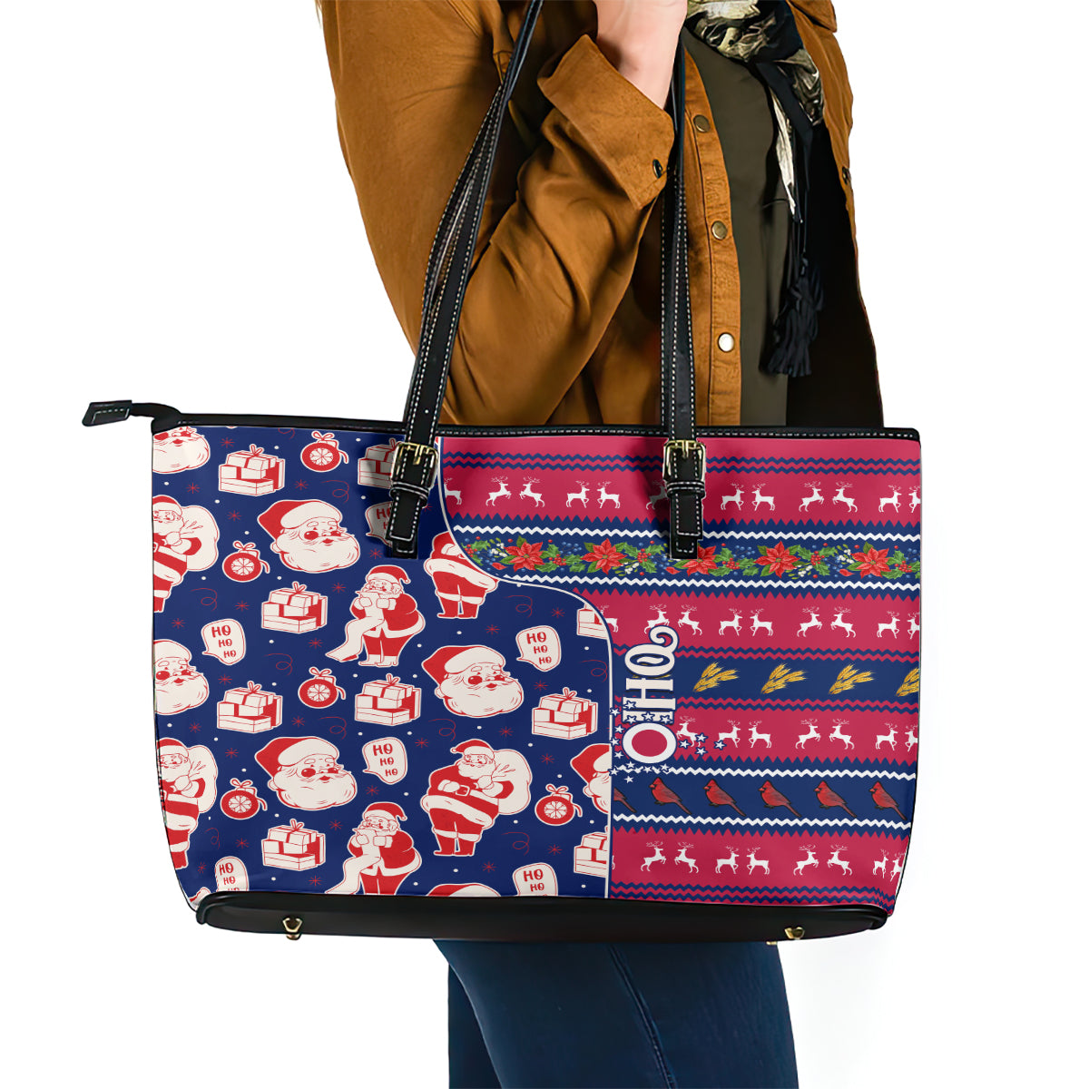 Custom Ohio Christmas Leather Tote Bag Santa Claus Pattern Unique Style LT01