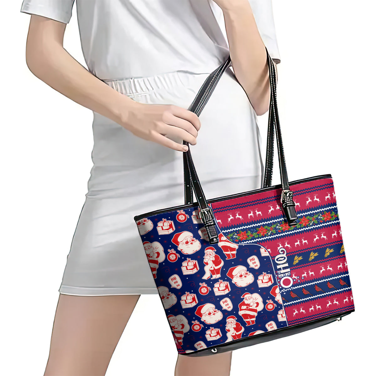 Custom Ohio Christmas Leather Tote Bag Santa Claus Pattern Unique Style LT01