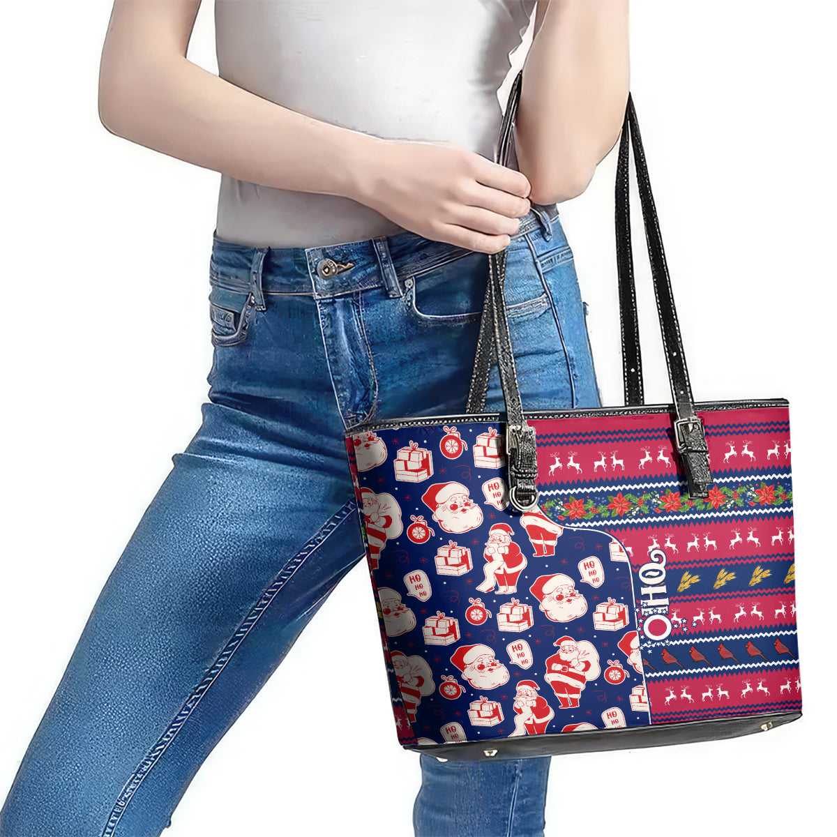 Custom Ohio Christmas Leather Tote Bag Santa Claus Pattern Unique Style LT01