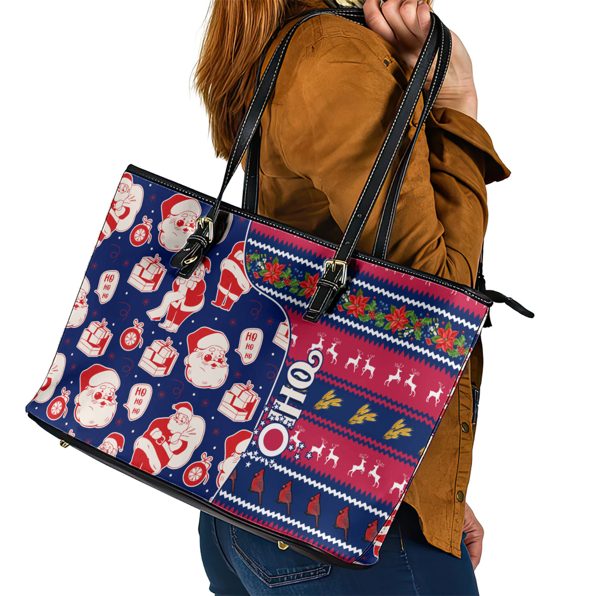 Custom Ohio Christmas Leather Tote Bag Santa Claus Pattern Unique Style LT01