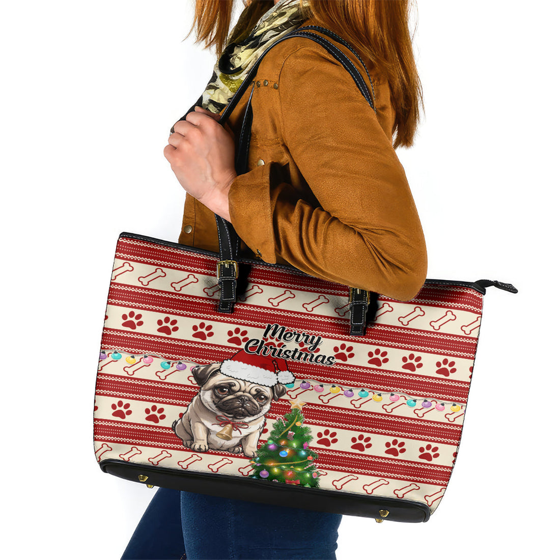 Custom Dog Christmas Leather Tote Bag Cute Pug Dog With Xmas Tree LT01