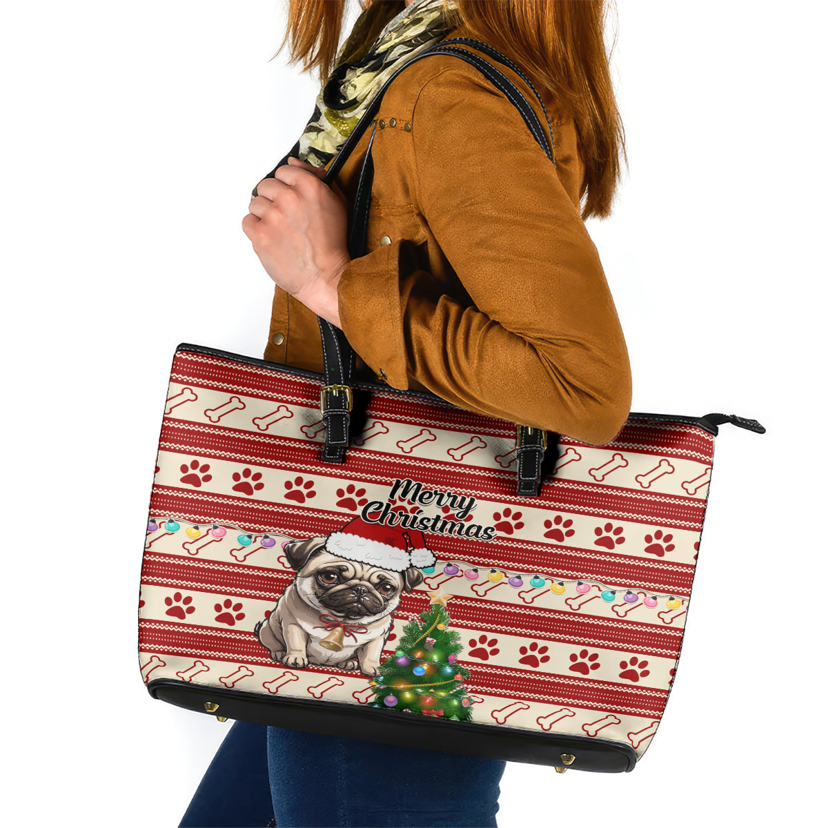 Custom Dog Christmas Leather Tote Bag Cute Pug Dog With Xmas Tree LT01