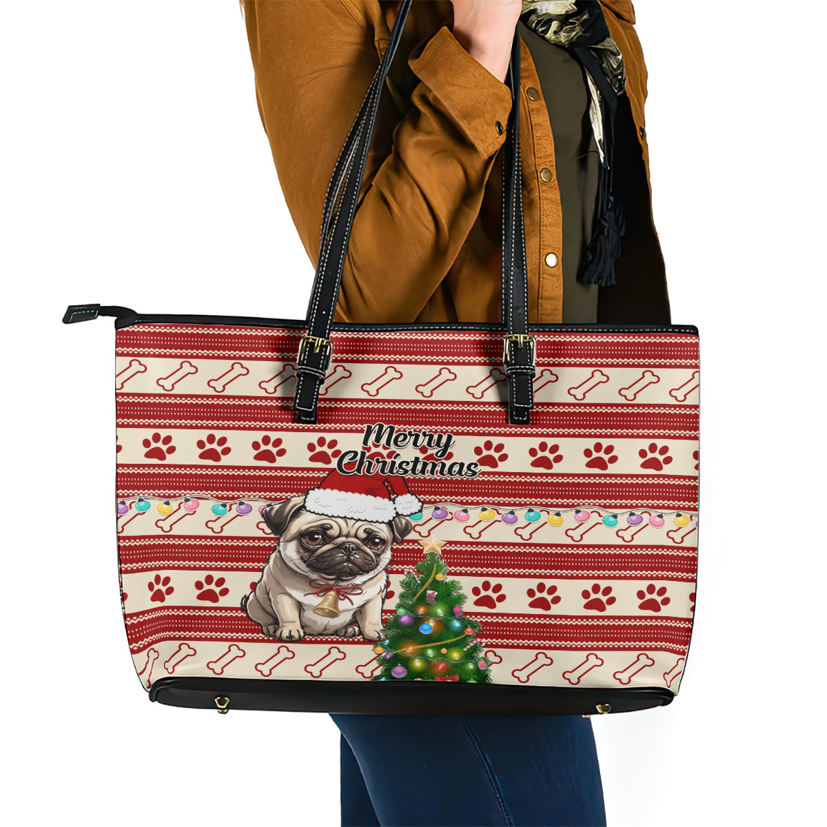 Custom Dog Christmas Leather Tote Bag Cute Pug Dog With Xmas Tree LT01
