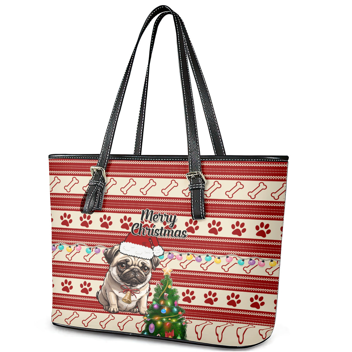 Custom Dog Christmas Leather Tote Bag Cute Pug Dog With Xmas Tree LT01
