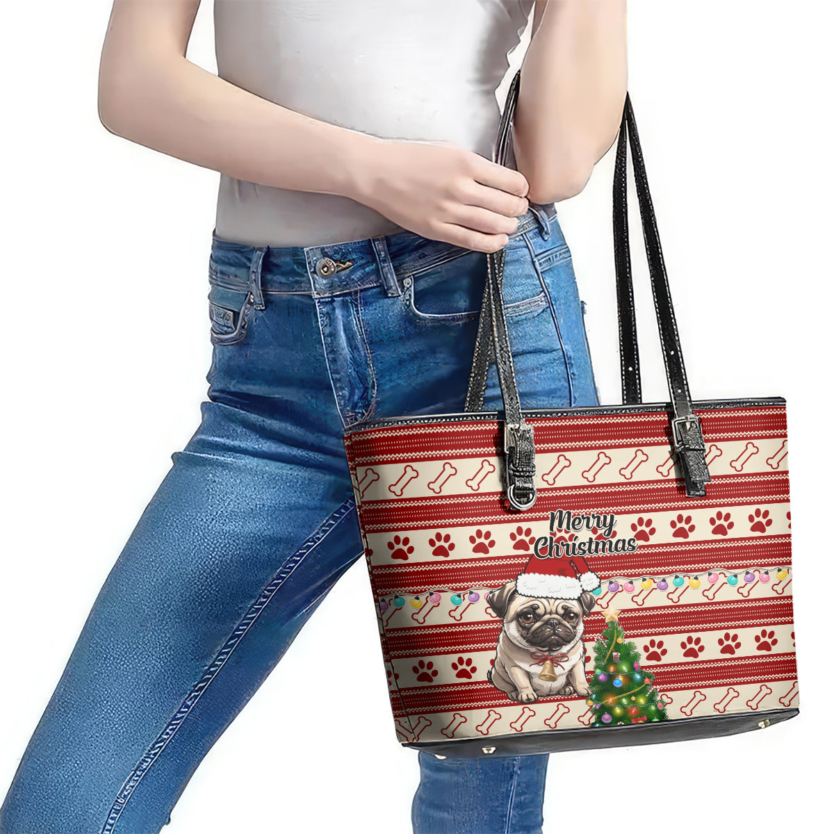 Custom Dog Christmas Leather Tote Bag Cute Pug Dog With Xmas Tree LT01