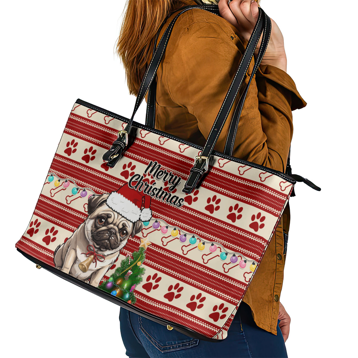 Custom Dog Christmas Leather Tote Bag Cute Pug Dog With Xmas Tree LT01