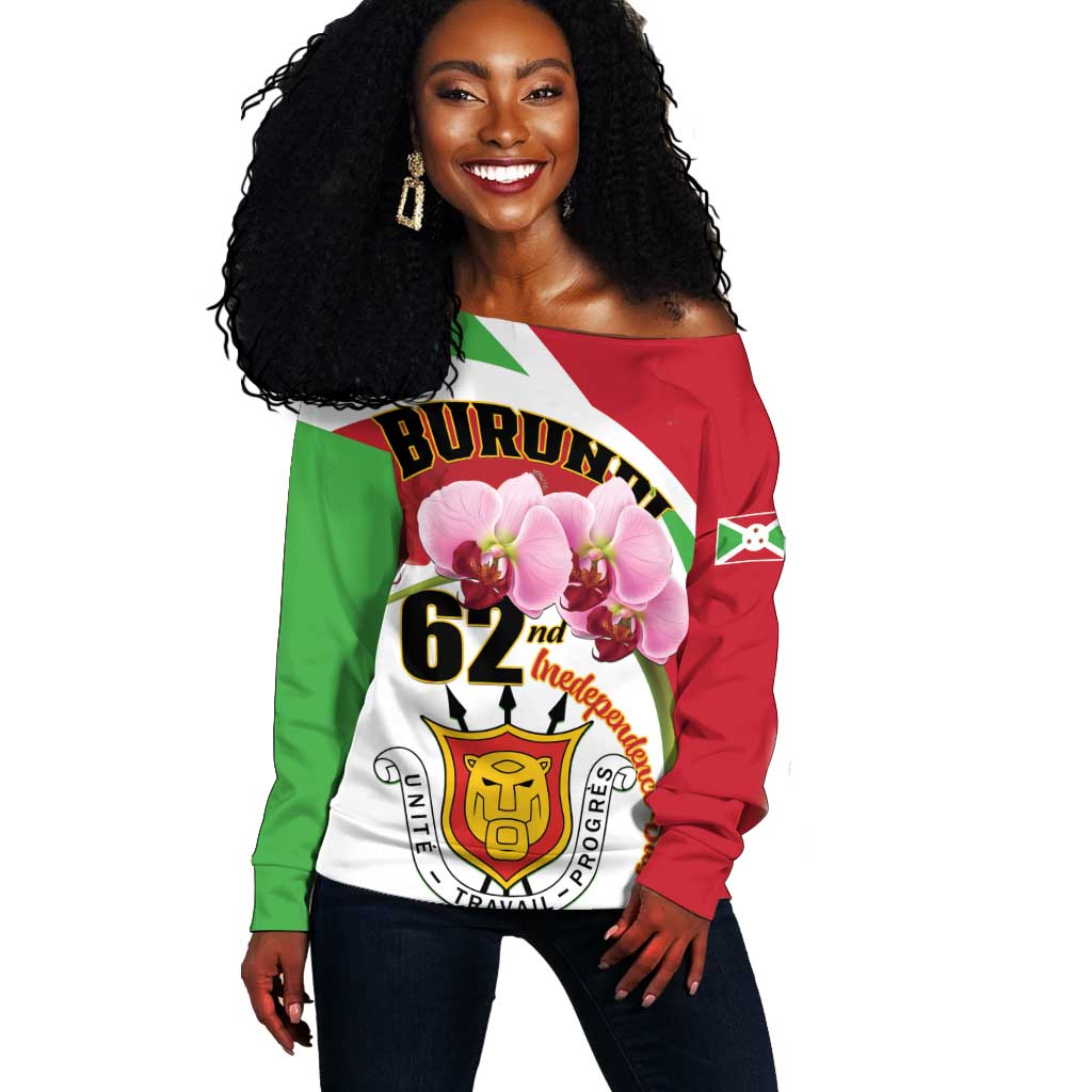 Personalized Burundi Independence Day Off Shoulder Sweater Coat Of Arms Bujumbura Flower LT01